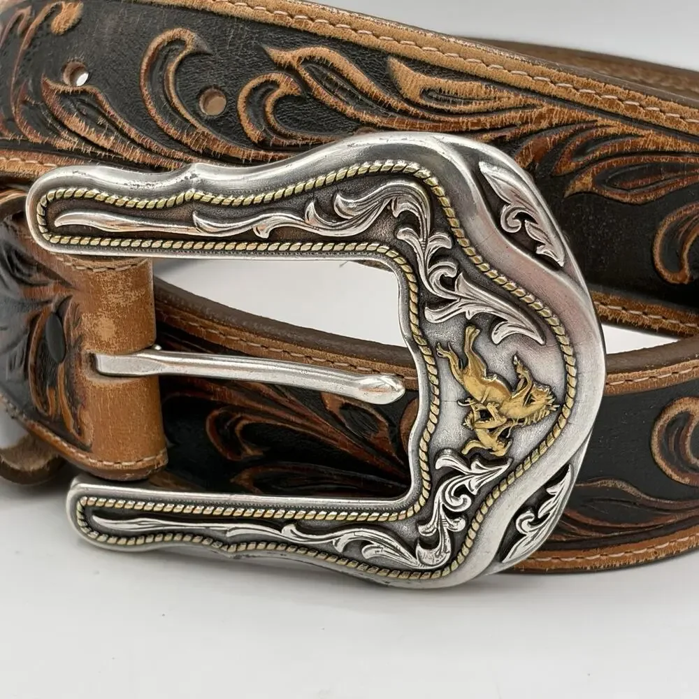Tony Lama Men’s Black Brown Western Leather Belt C41514 Size 38 Buckle Belt Tip